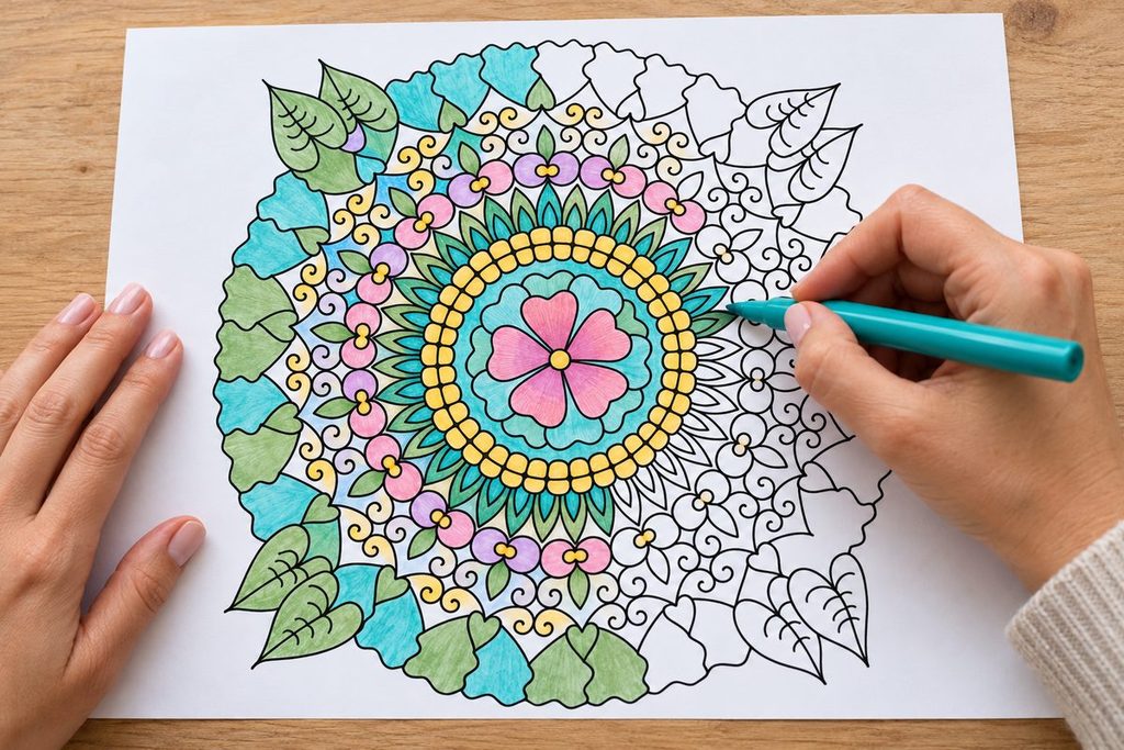 Coloring a Free Printable Floral Mandala