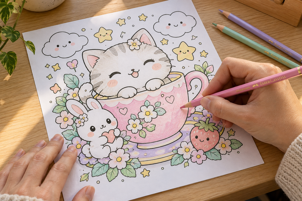 Kawaii Coloring Page with Faber-Castell Colored Pencils