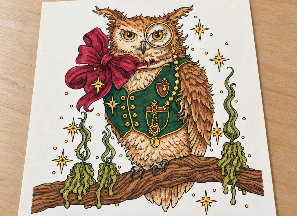 Hanna Karlzon Tales from the Forest Kingdom owl coloring page with a purple vest and turquoise bow tie, colored with pencils.