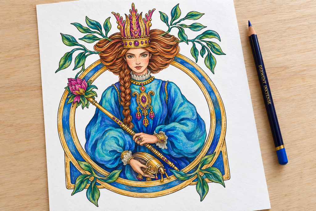 Hanna Karlzon coloring page colored with Derwent Inktense pencils