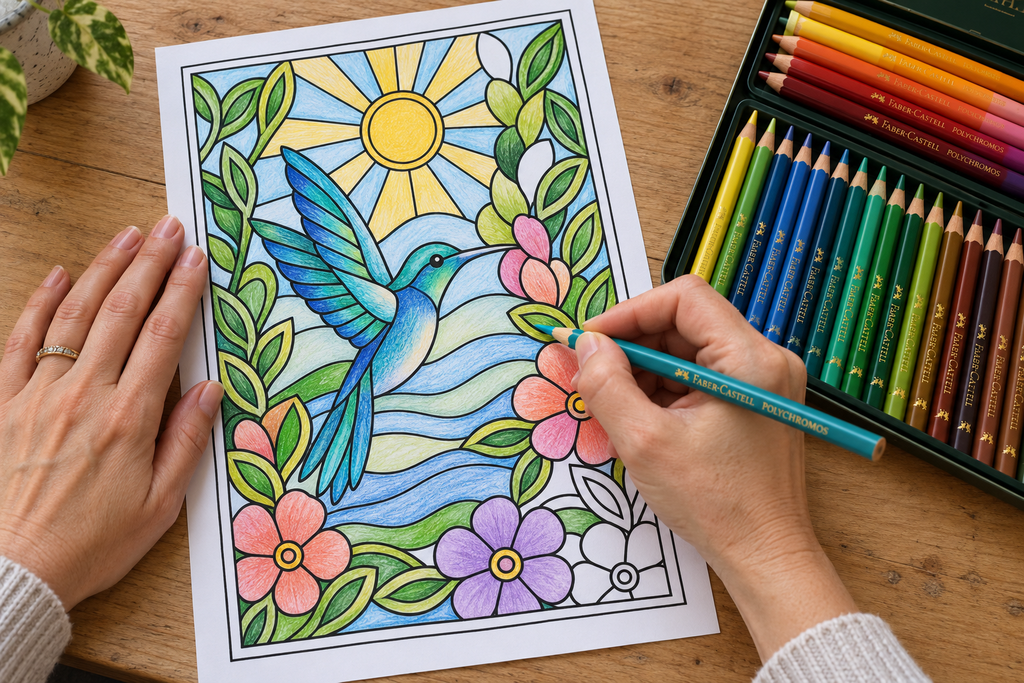 Woman coloring a hummingbird with a Faber-Castell Polychromos pencil, with an open pencil tin beside the page.