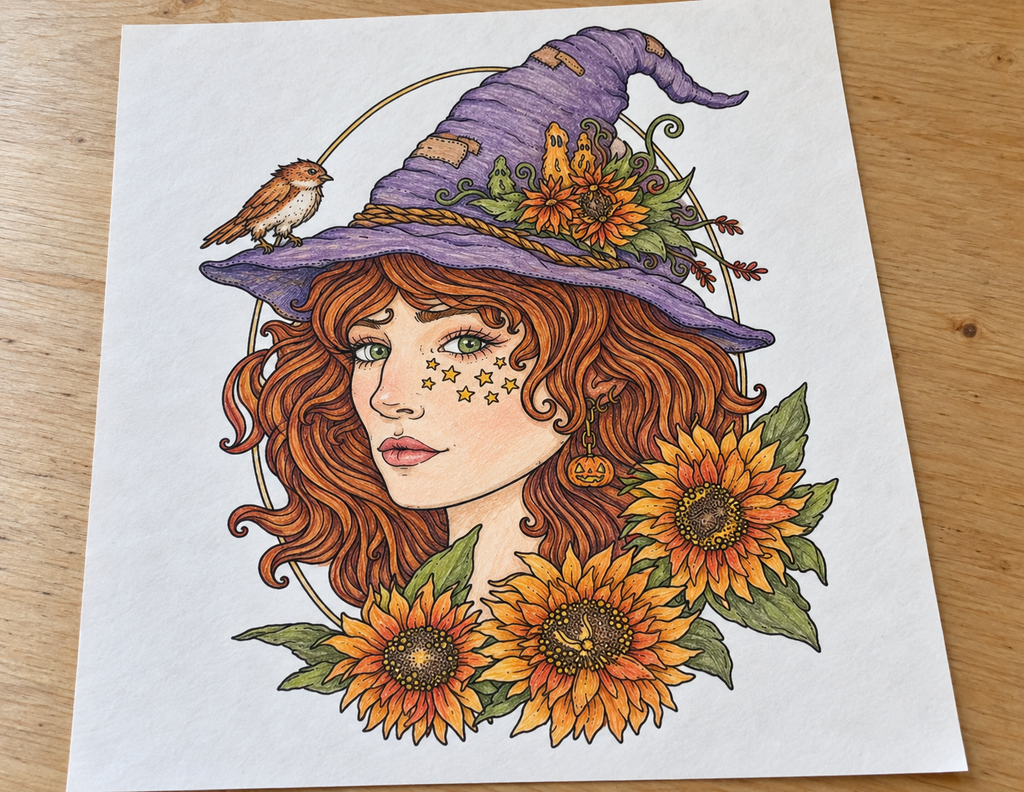 Halloween coloring page by Hanna Karlzon featuring a witch with a purple hat, orange hair and autumn sunflowers.